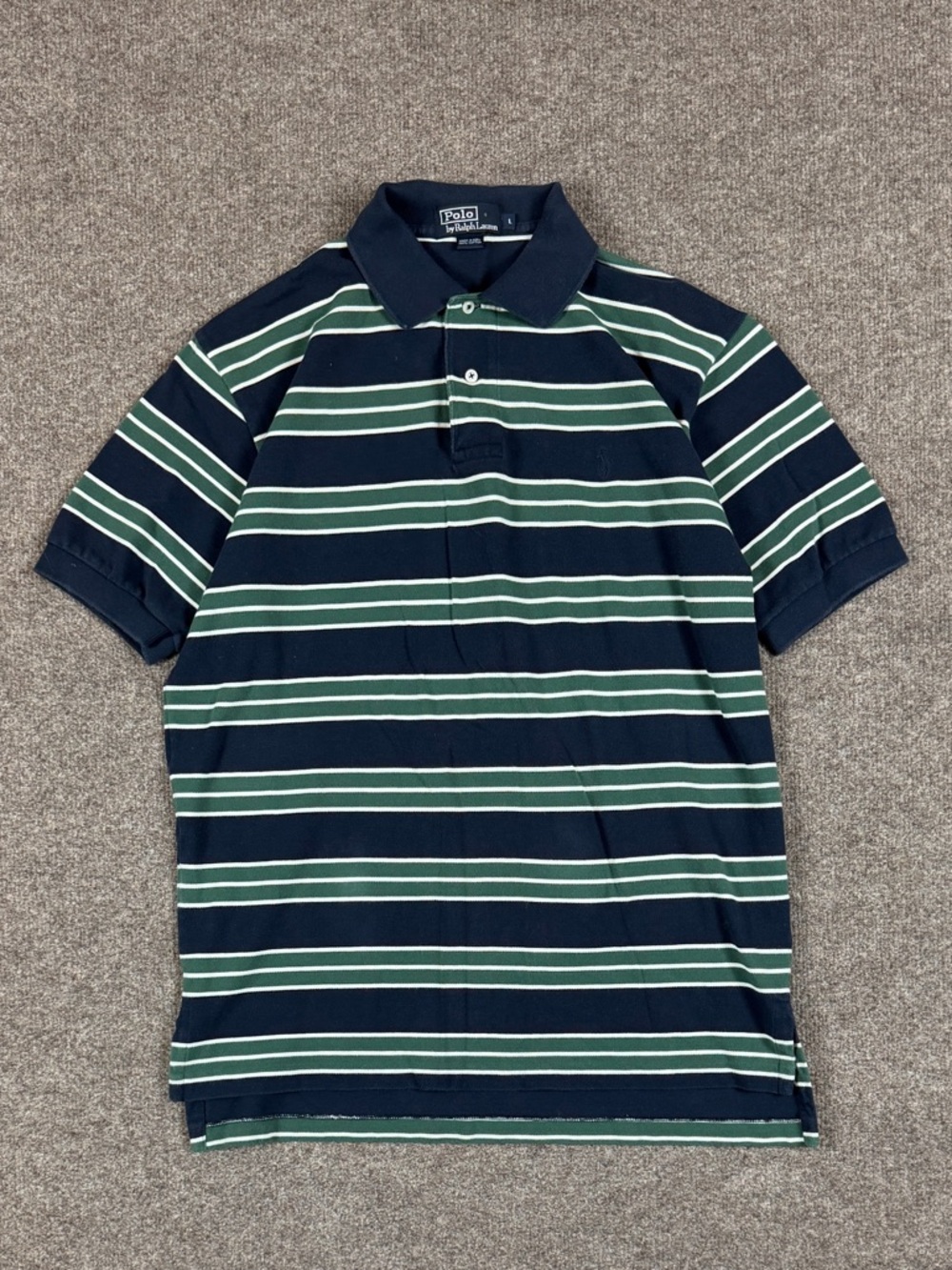 Vintage Polo Ralph Lauren Green Blue Striped Polo Short Sleeve Shirt Men’s L 90s